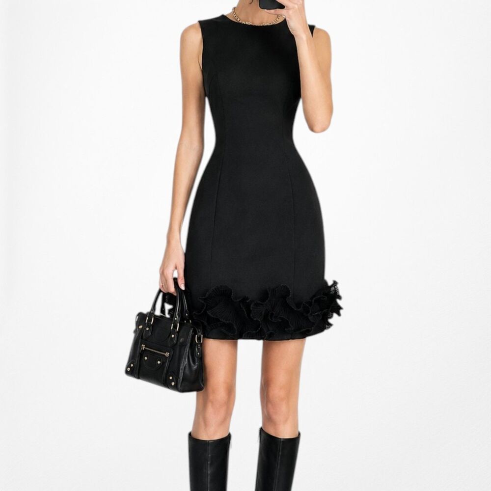 Vintage Black Donna Ricco Y2K Ruffle Hem Flared Cocktail Sleeveless Dress Size M
